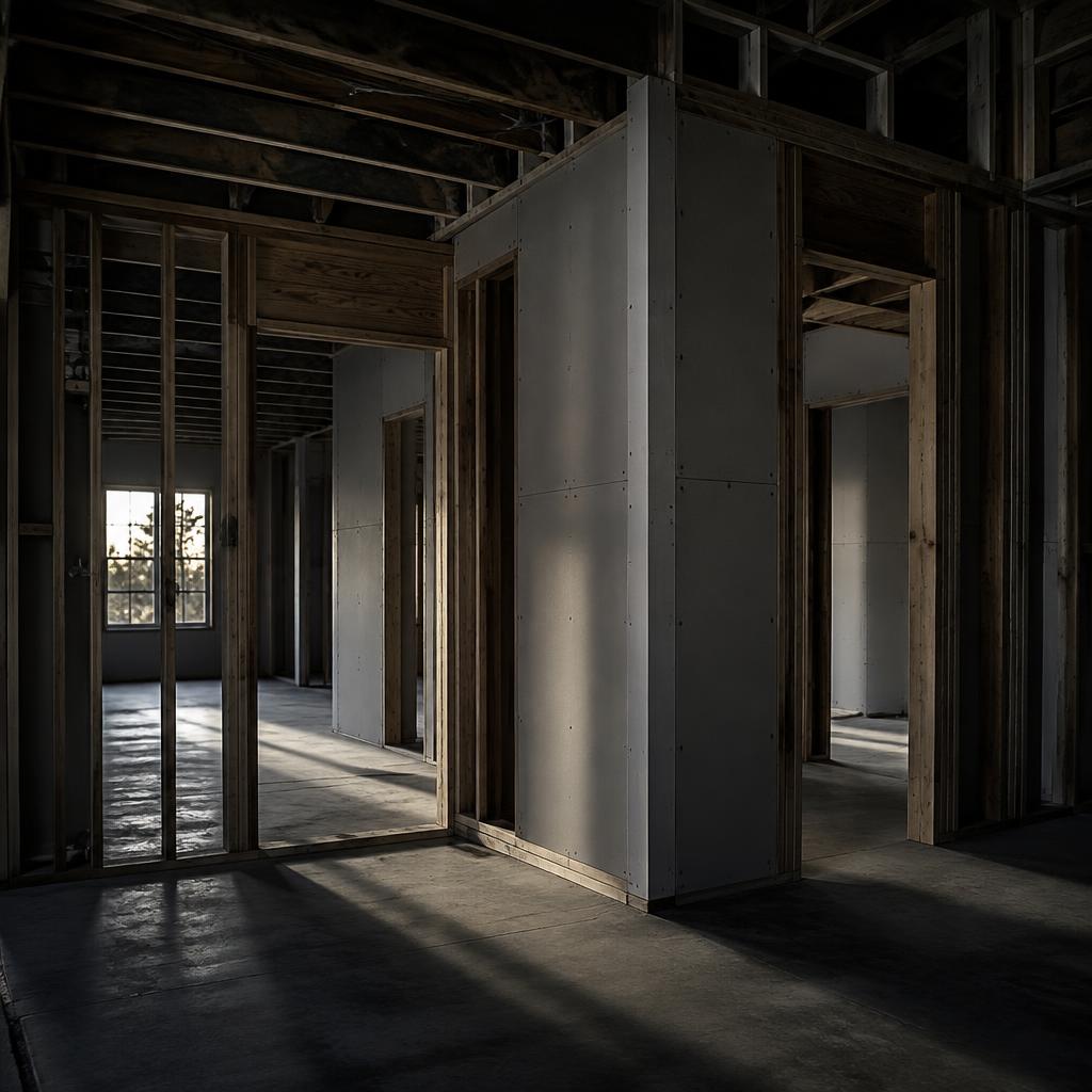 New framing and drywall installed during a rebuild