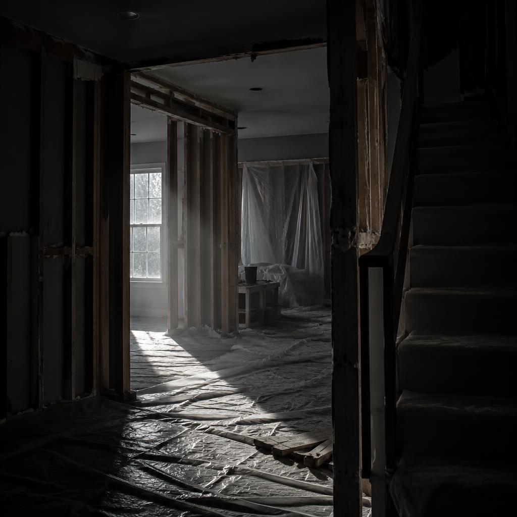 Interior stripped back and protected during property restoration