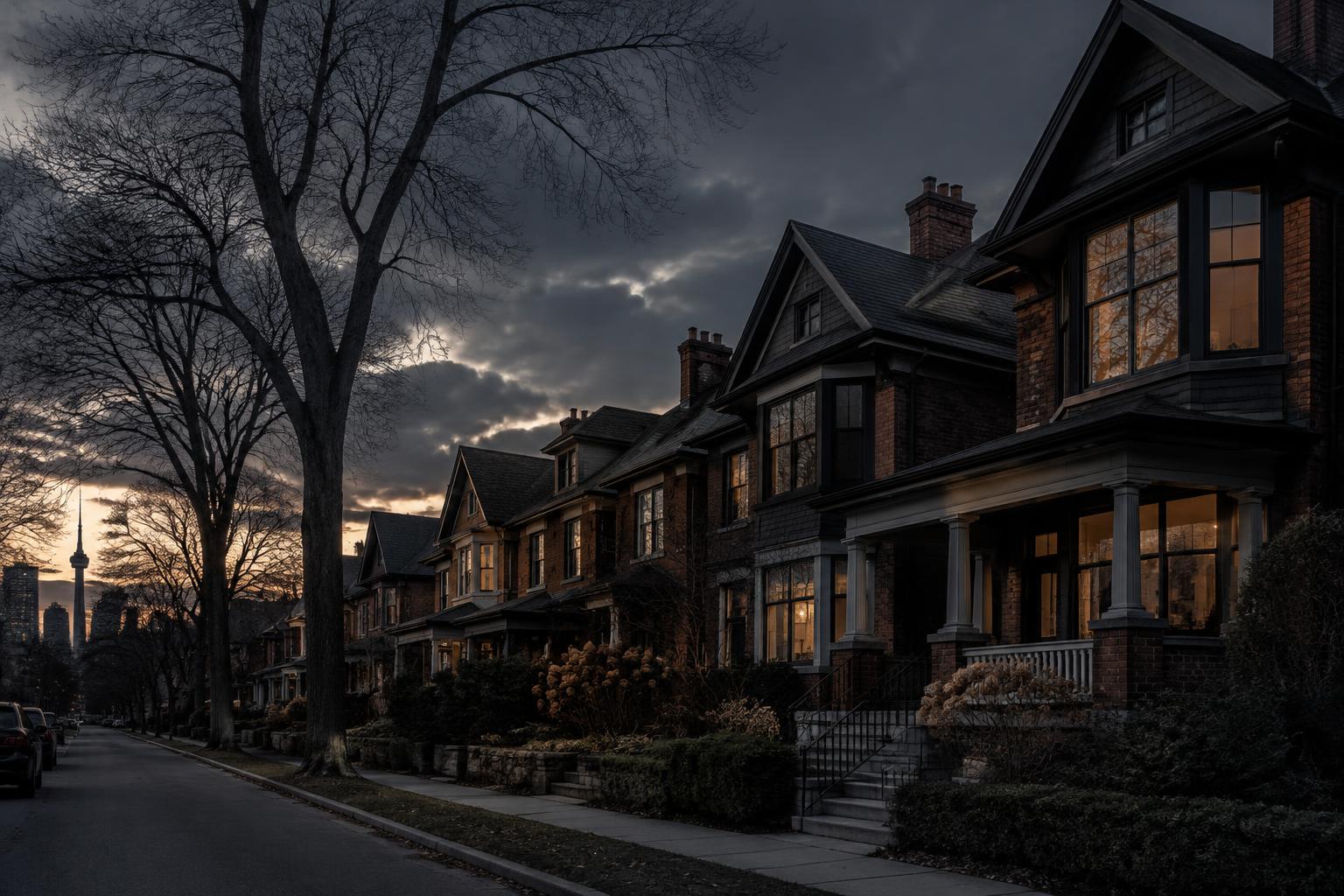 Toronto residential street of brick homes at dusk